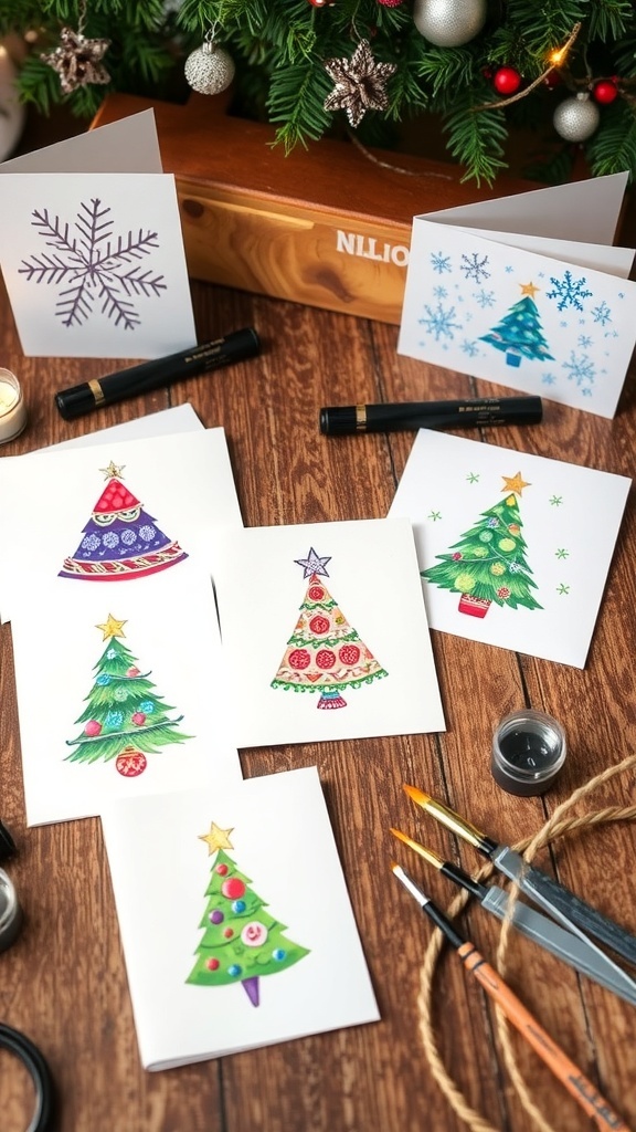 Handmade Watercolor Christmas Cards Handmade watercolor Christmas cards with festive designs on a wooden table.